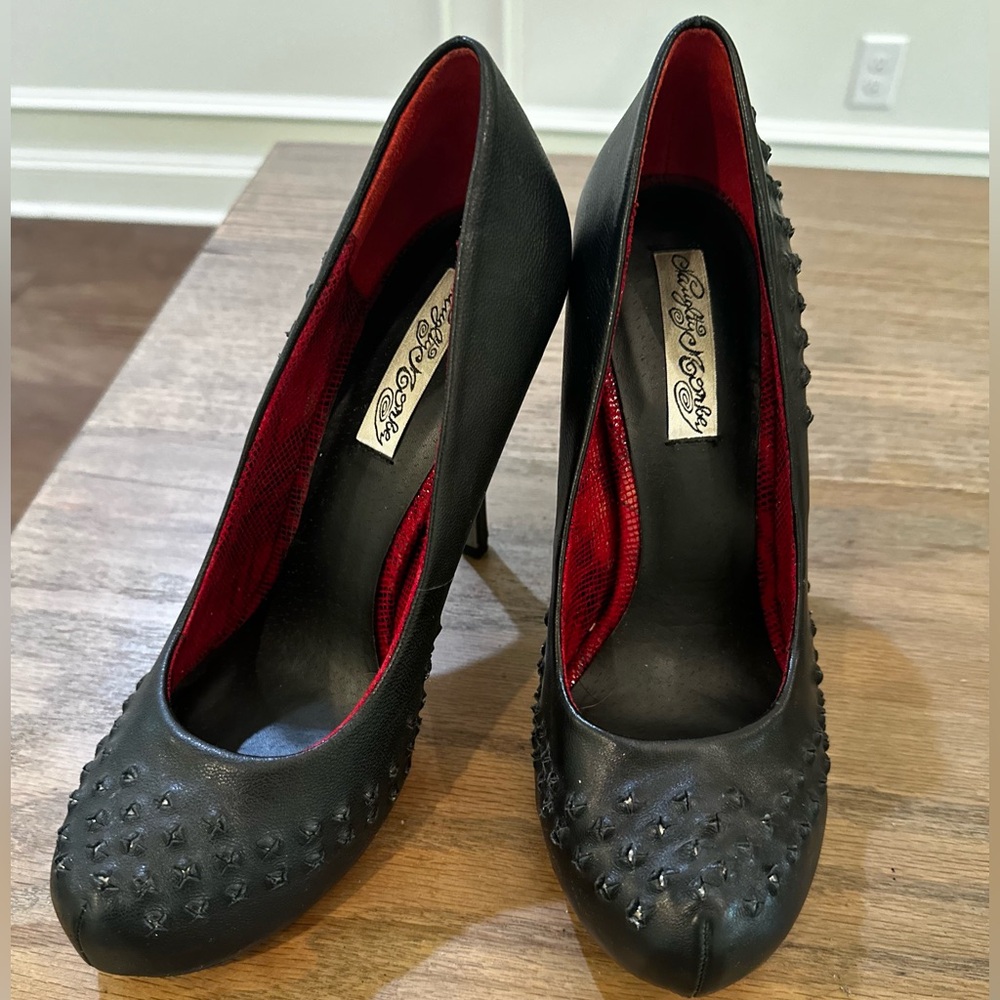 naughty monkey Black Studded High Heels with Red Lining